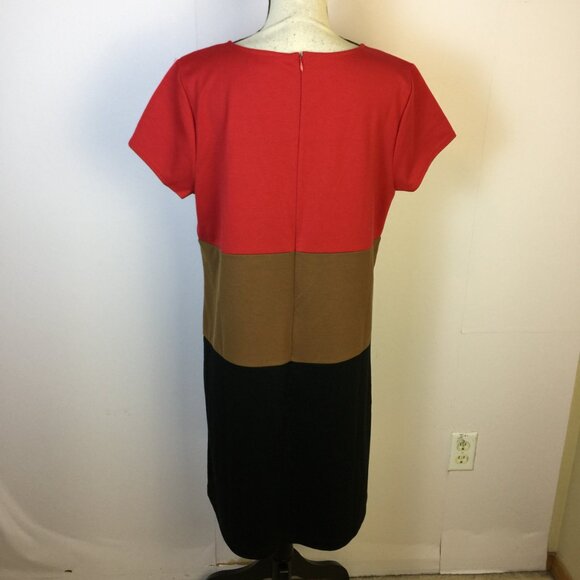 Ann Taylor Loft Dress Sz 16 Womans Red Black Brown Knit Colorblock Short Sleeve - Picture 2 of 12